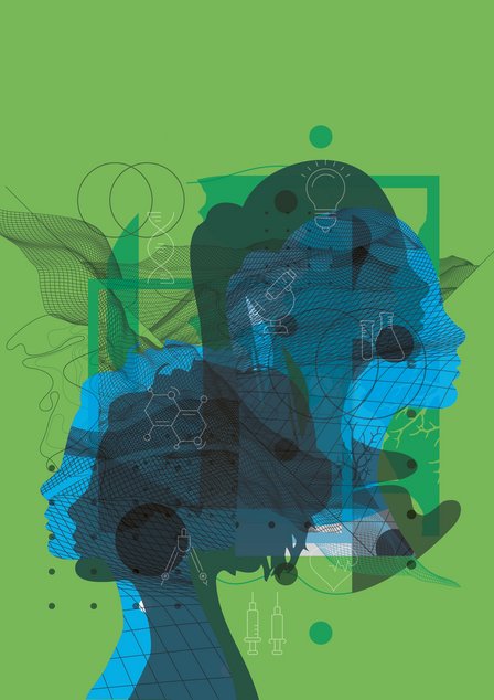 Silhouetten mit wissenschaftlichen Symbolen auf grünem Hintergrund